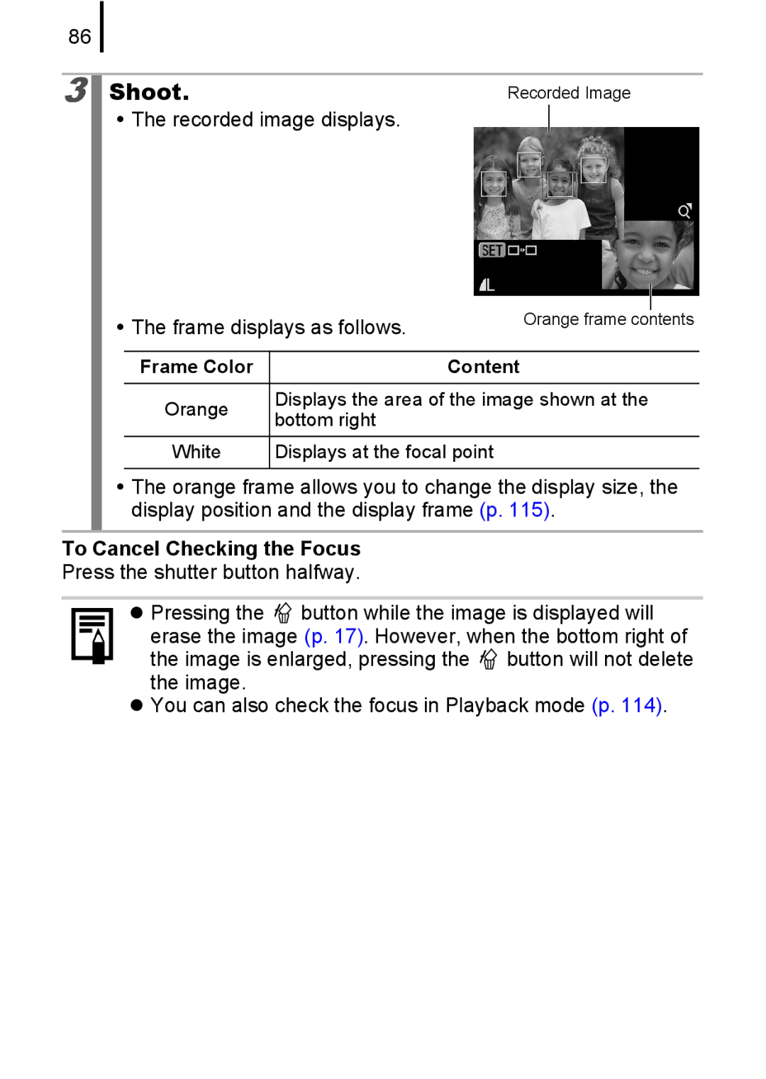 Canon 85IS manual Recorded image displays Frame displays as follows, To Cancel Checking the Focus 