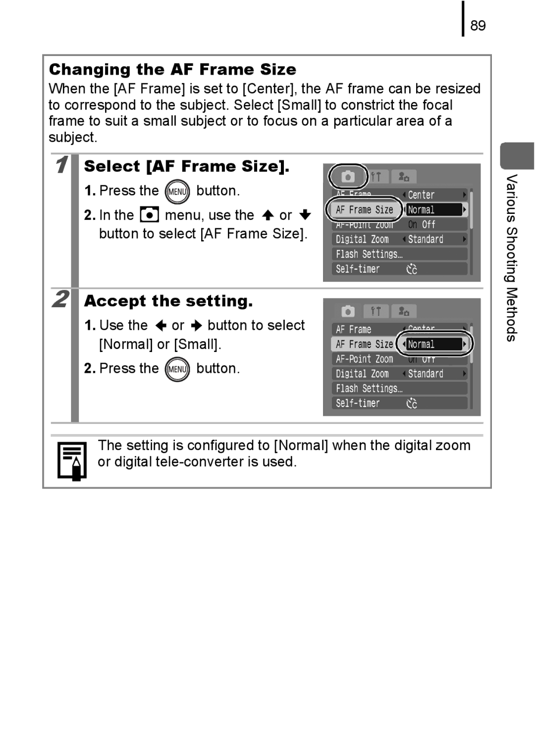 Canon 85IS manual Changing the AF Frame Size, Select AF Frame Size 