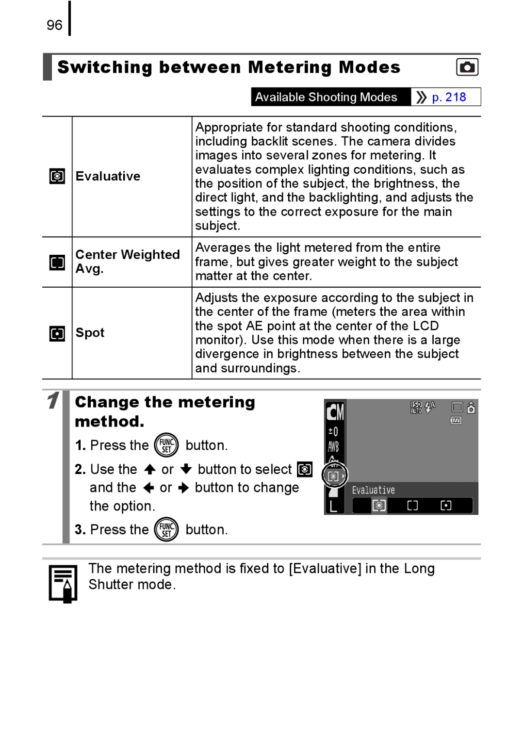 Canon 85IS manual Switching between Metering Modes, Change the metering method 