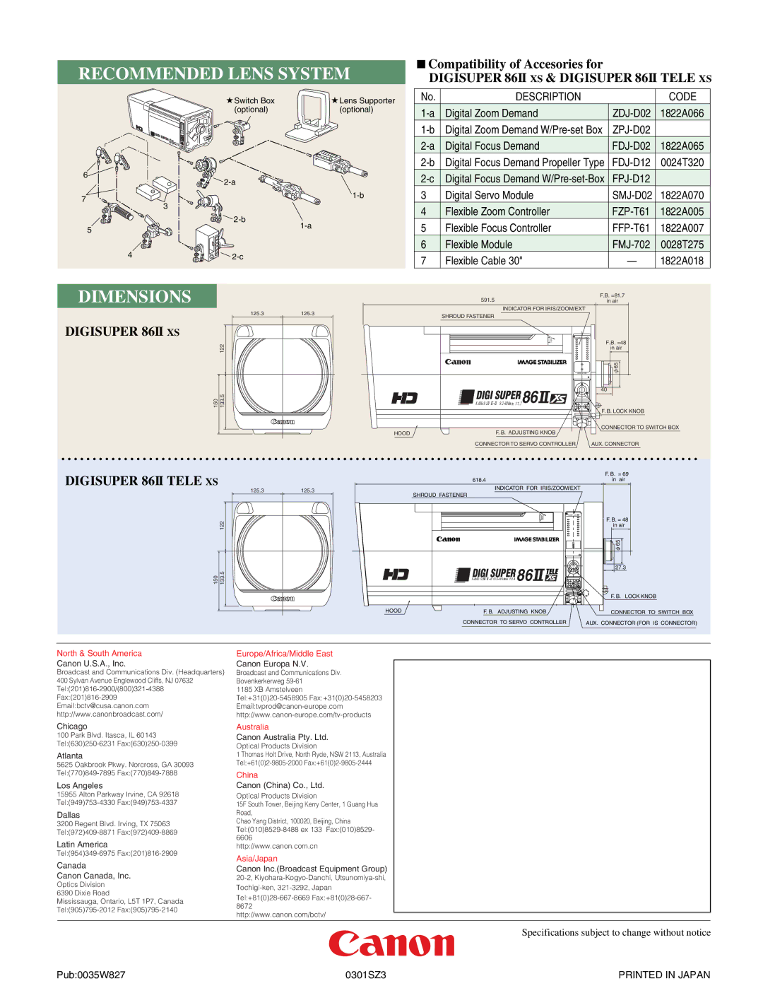 Canon 86 TELE manual Recommended Lens System, Dimensions, Digisuper 86II XS & Digisuper 86II Tele XS 