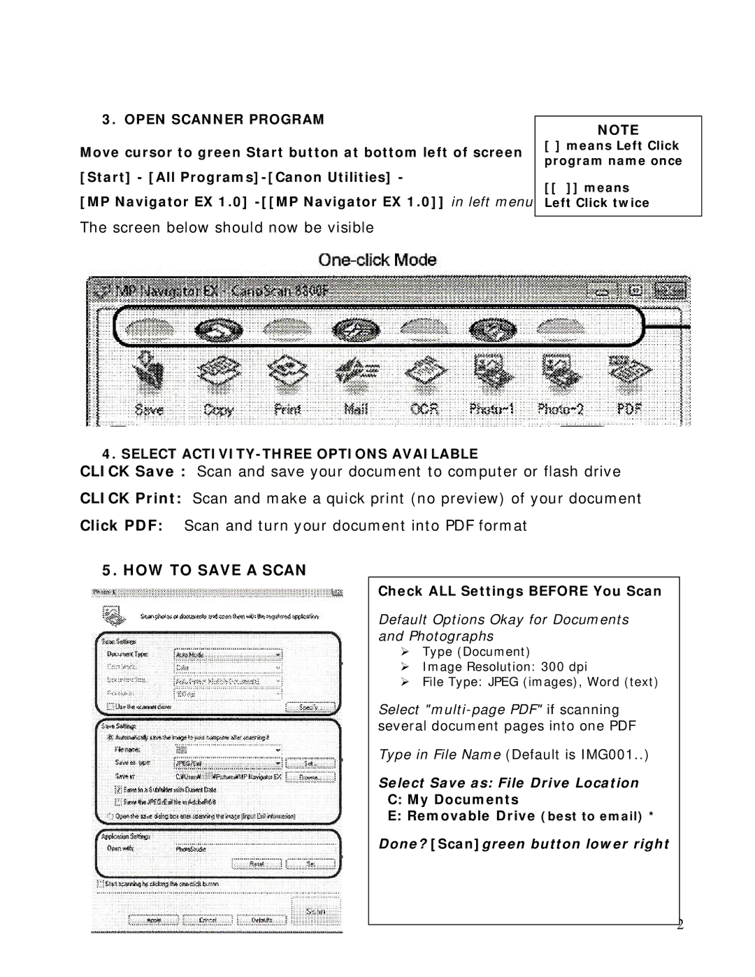 Canon 8800 brochure HOW to Save a Scan, Open Scanner Program, Select ACTIVITY-THREE Options Available 