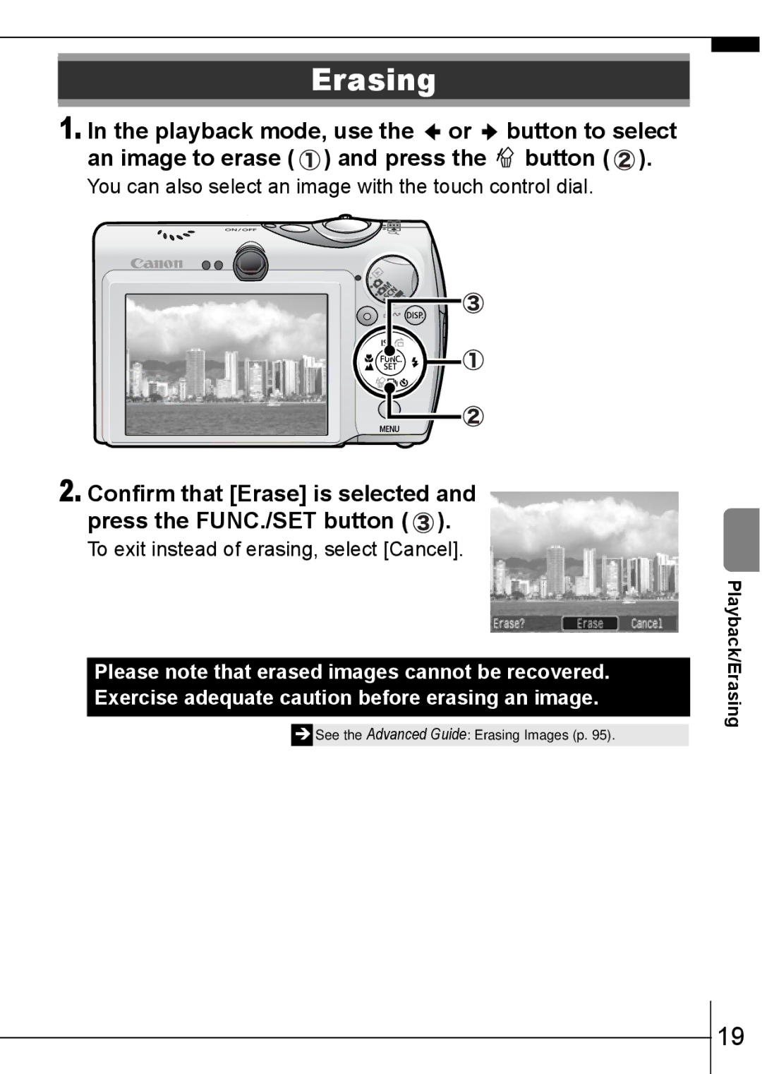 Canon 900 TI manual Erasing, To exit instead of erasing, select Cancel 