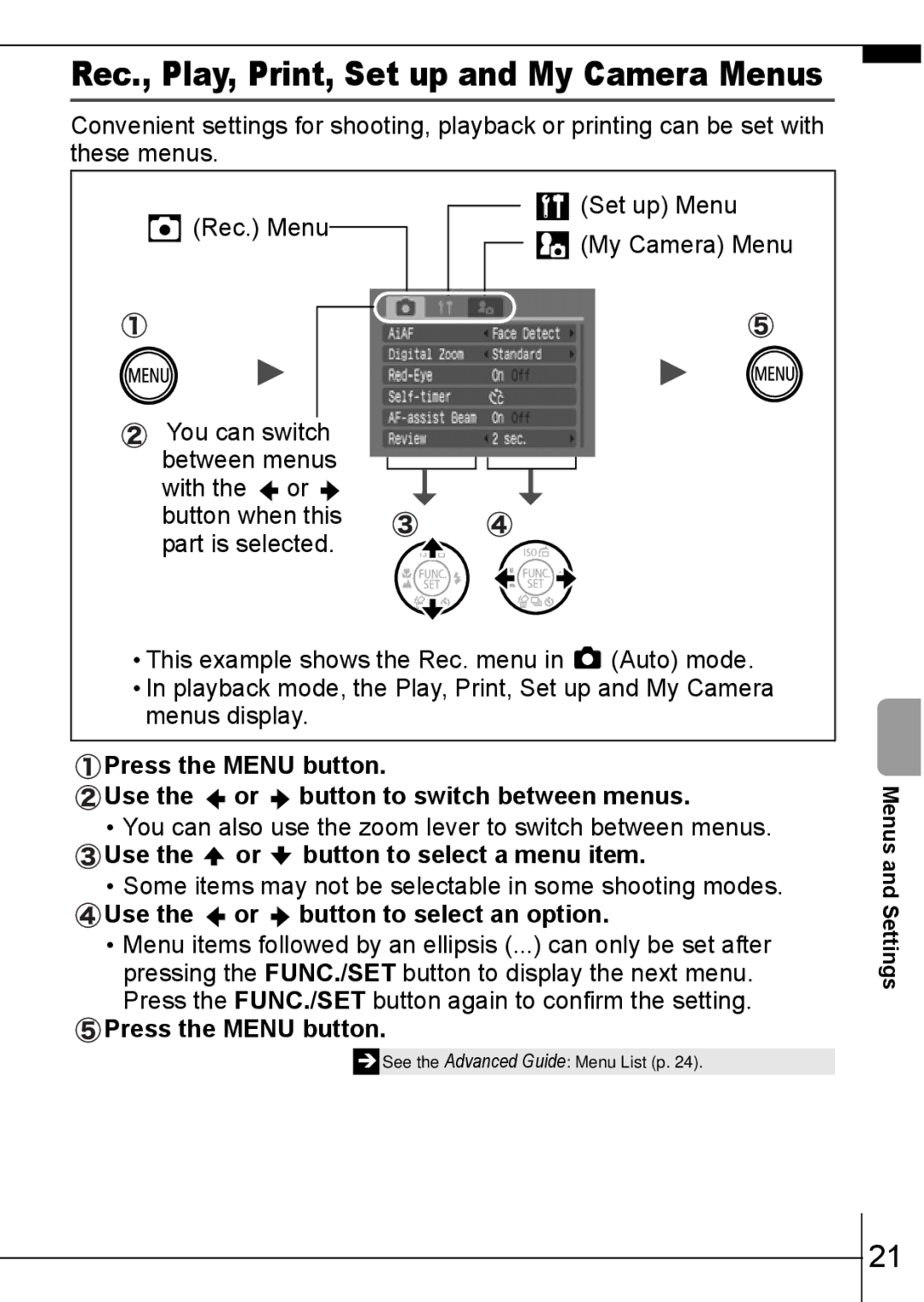 Canon 900 TI manual Rec., Play, Print, Set up and My Camera Menus 