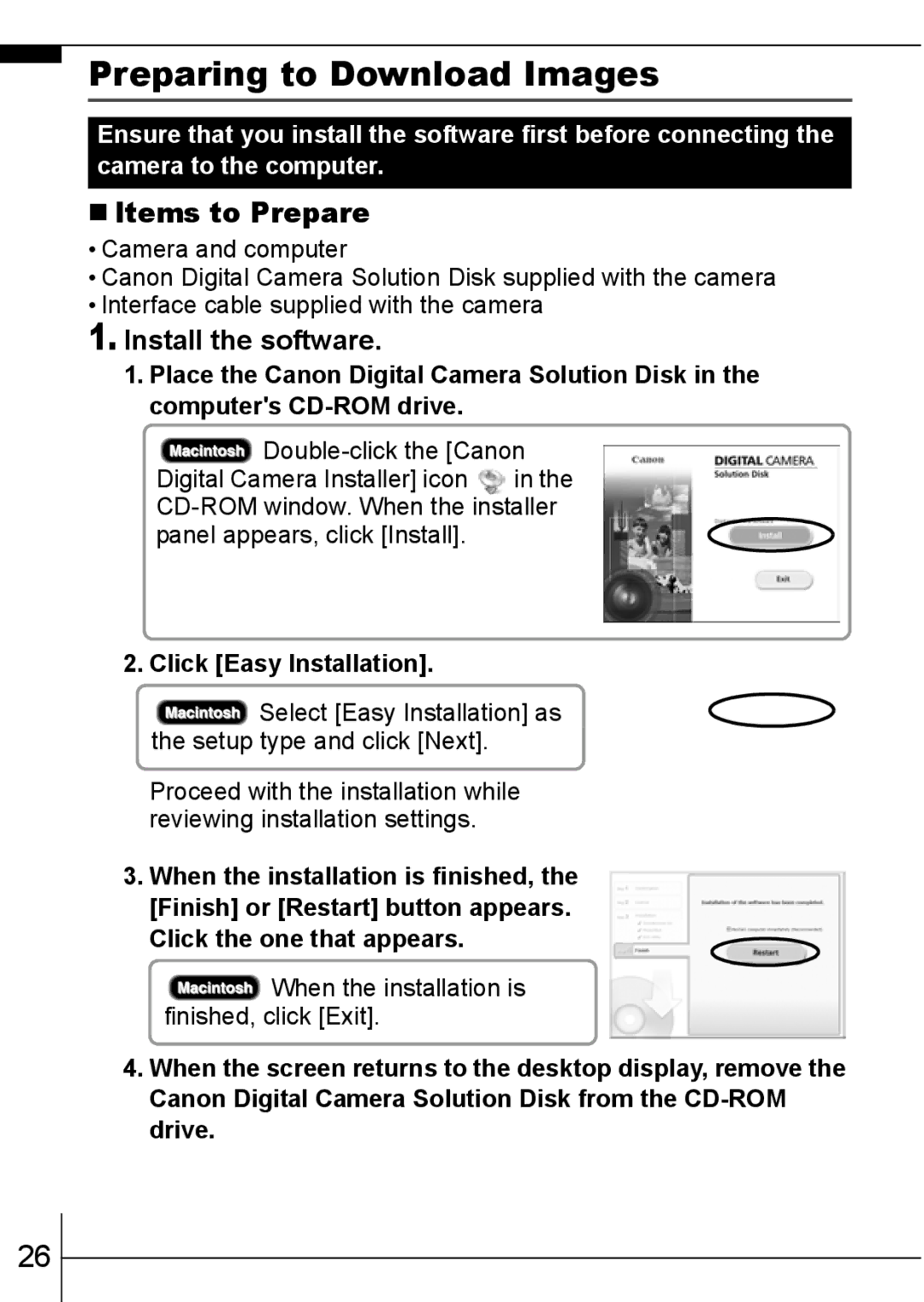 Canon 900 TI manual Preparing to Download Images, „ Items to Prepare, Install the software 