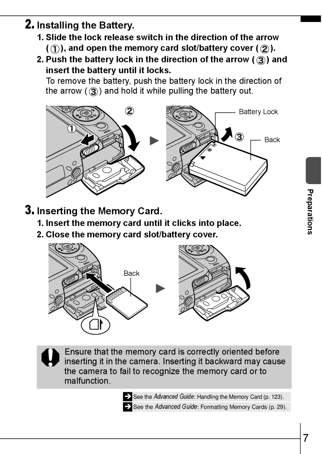 Canon 900 TI manual Installing the Battery, Inserting the Memory Card 