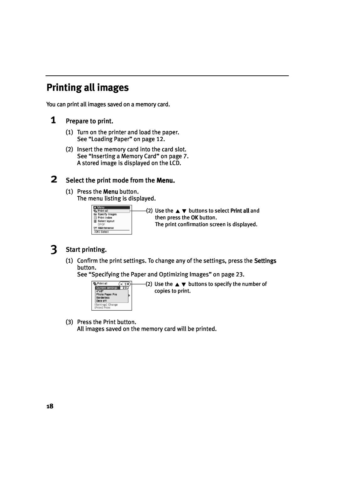 Canon 900D manual Printing all images, Start printing, Prepare to print, Select the print mode from the Menu 