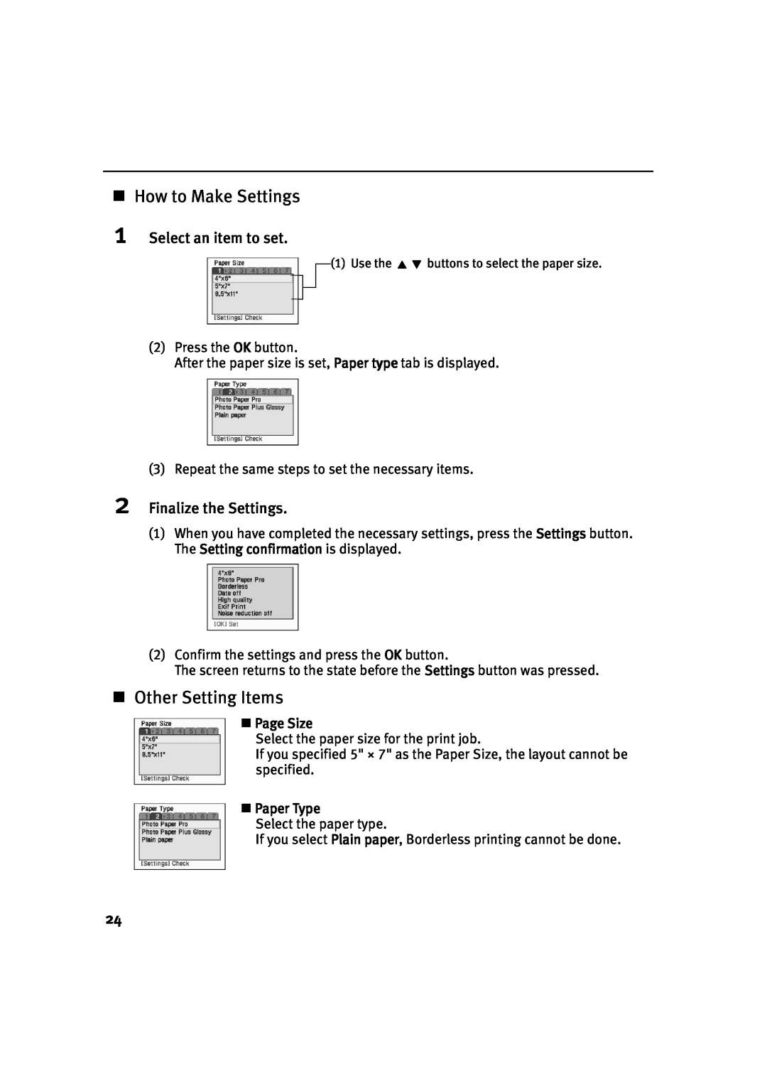 Canon 900D manual „ How to Make Settings, „ Other Setting Items, Select an item to set, Finalize the Settings, „ Page Size 