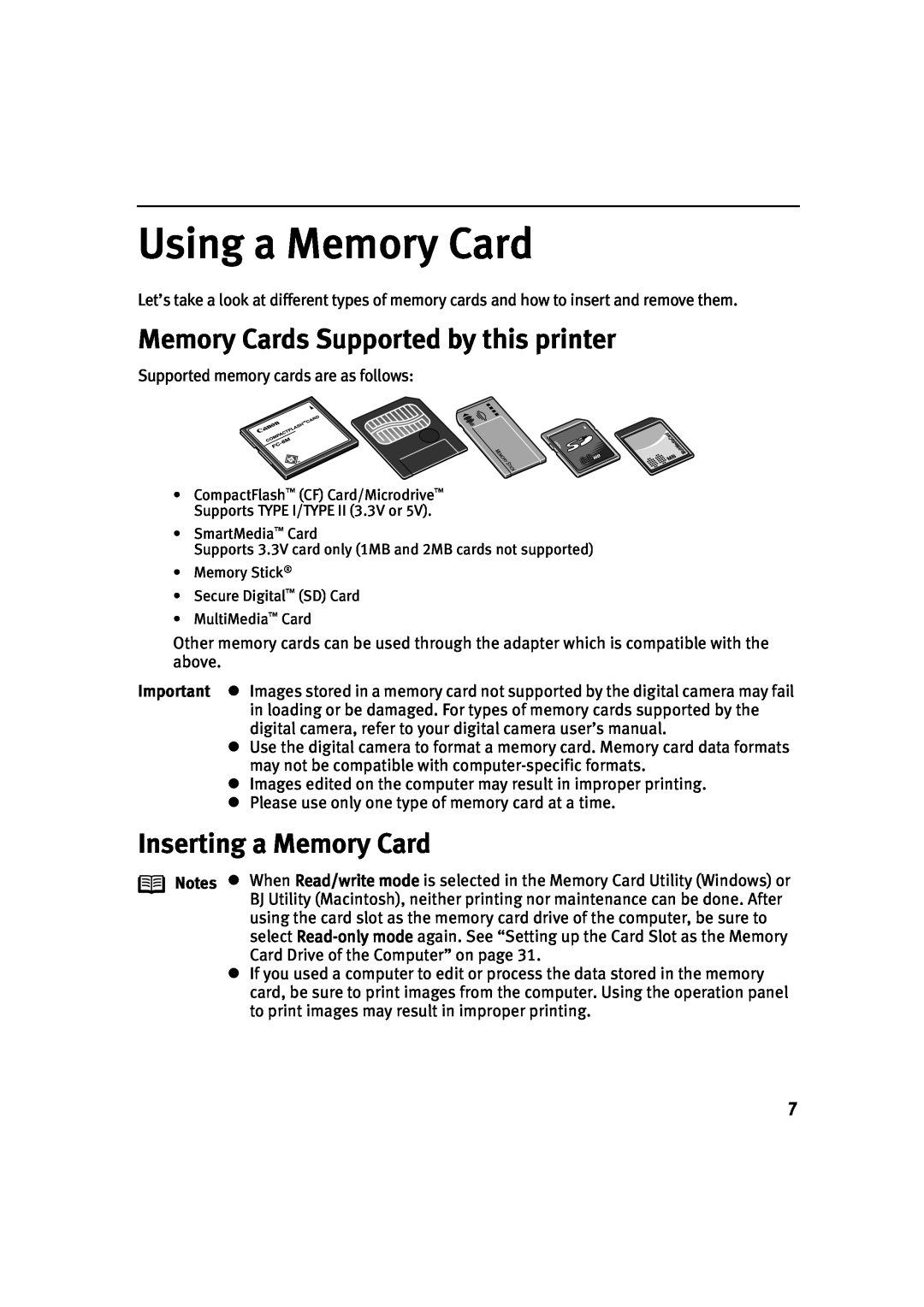 Canon 900D manual Using a Memory Card, Memory Cards Supported by this printer, Inserting a Memory Card 