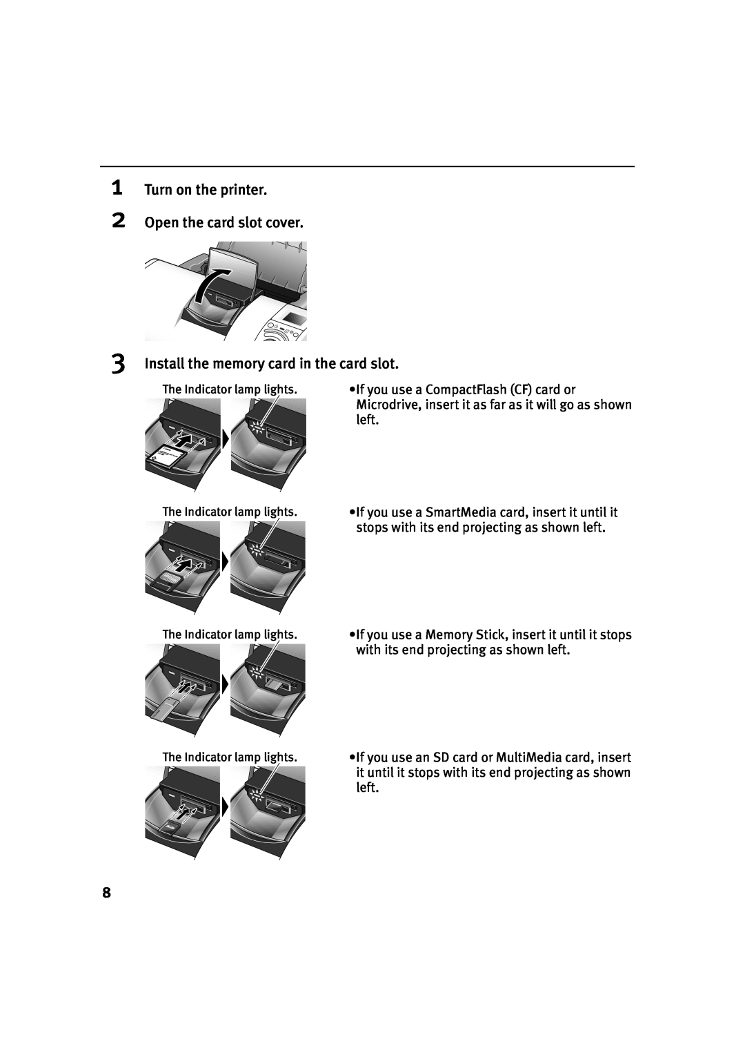 Canon 900D manual Turn on the printer 2 Open the card slot cover, Install the memory card in the card slot 