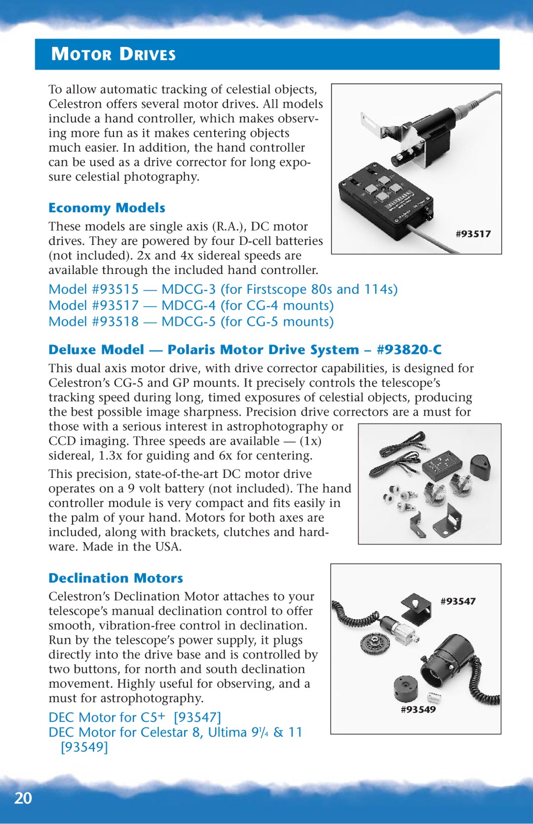 Canon 93517, 93518 manual Motor Drives, Economy Models, Deluxe Model Polaris Motor Drive System #93820-C, Declination Motors 