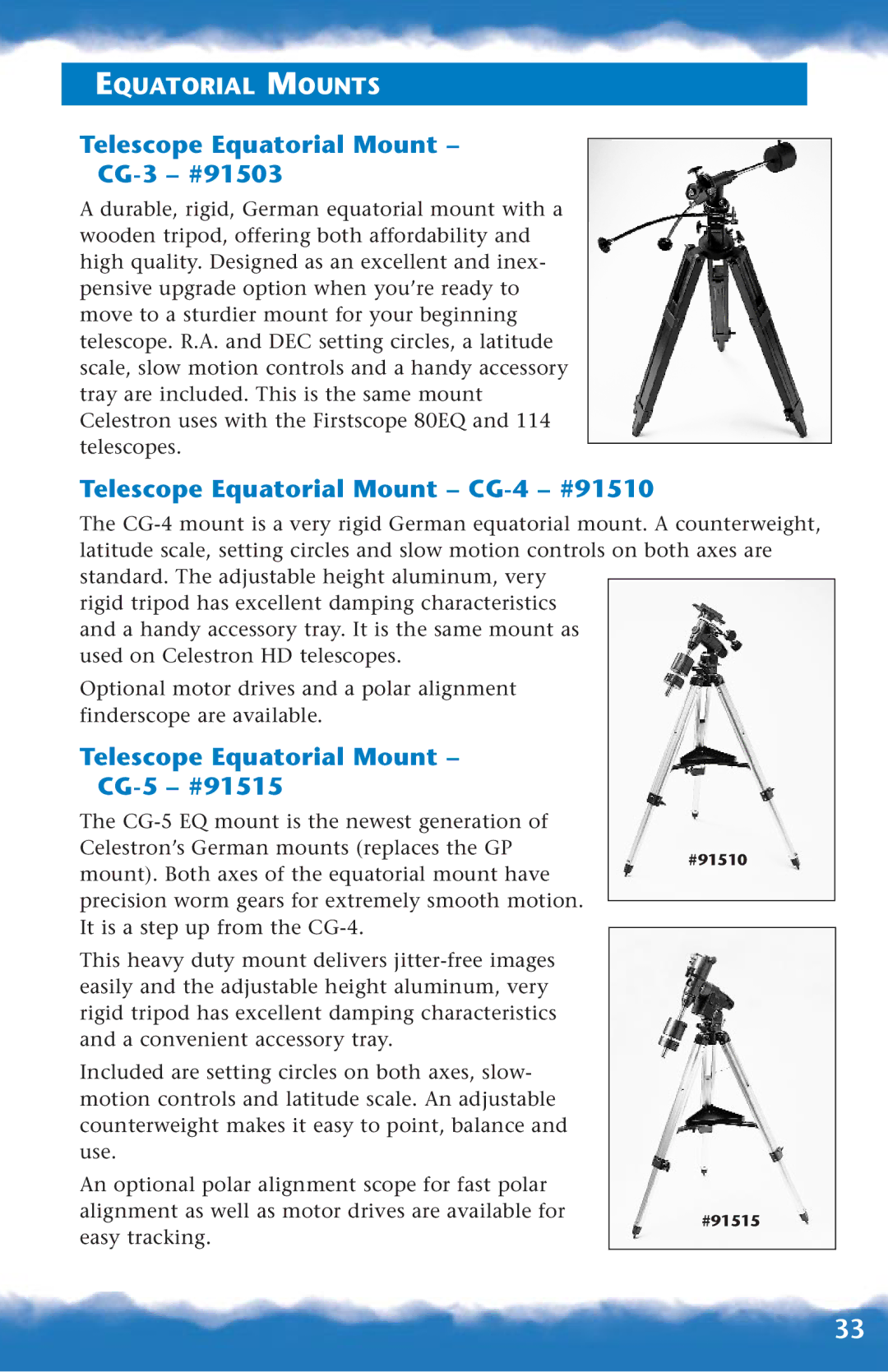 Canon 93518, 93515, 93517 manual Telescope Equatorial Mount CG-3 #91503, Equatorial Mounts 