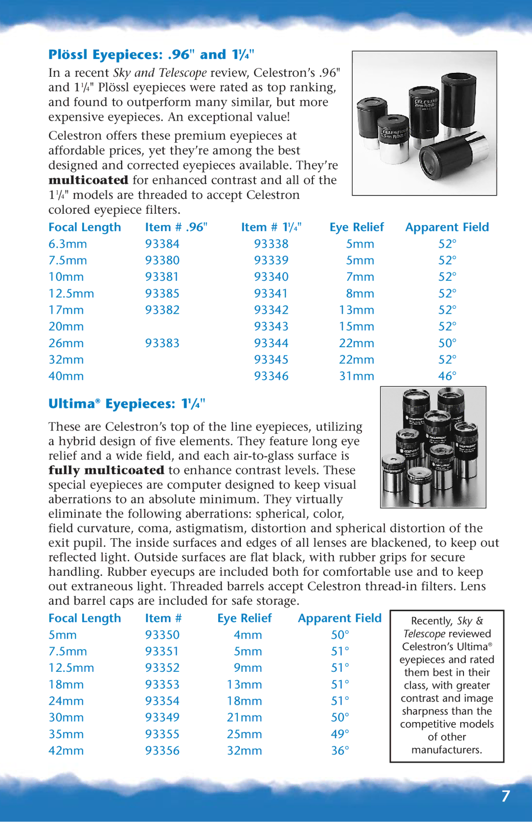 Canon 93515, 93518, 93517 manual Plössl Eyepieces .96 and 11/4, Ultima Eyepieces 11/4 