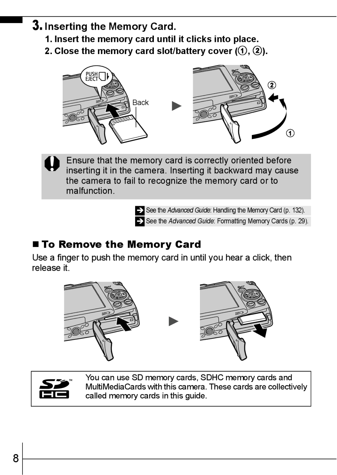 Canon 950IS manual Inserting the Memory Card, „ To Remove the Memory Card 