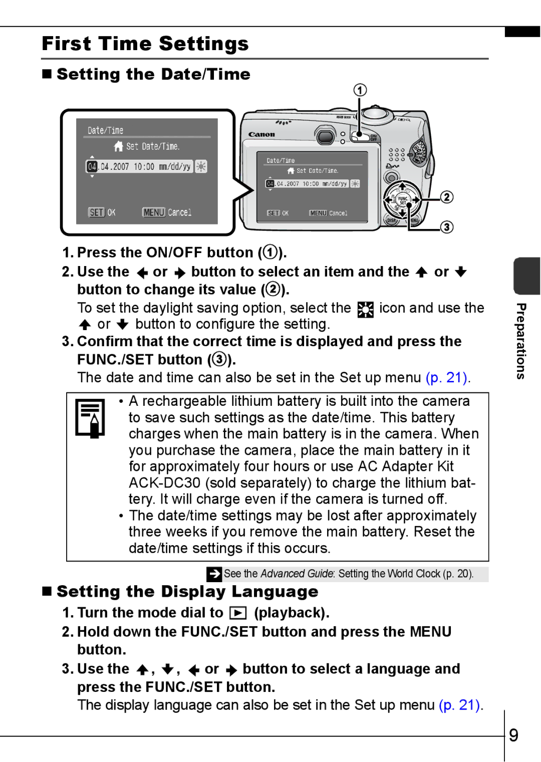 Canon 950IS manual First Time Settings, „ Setting the Date/Time, „ Setting the Display Language 