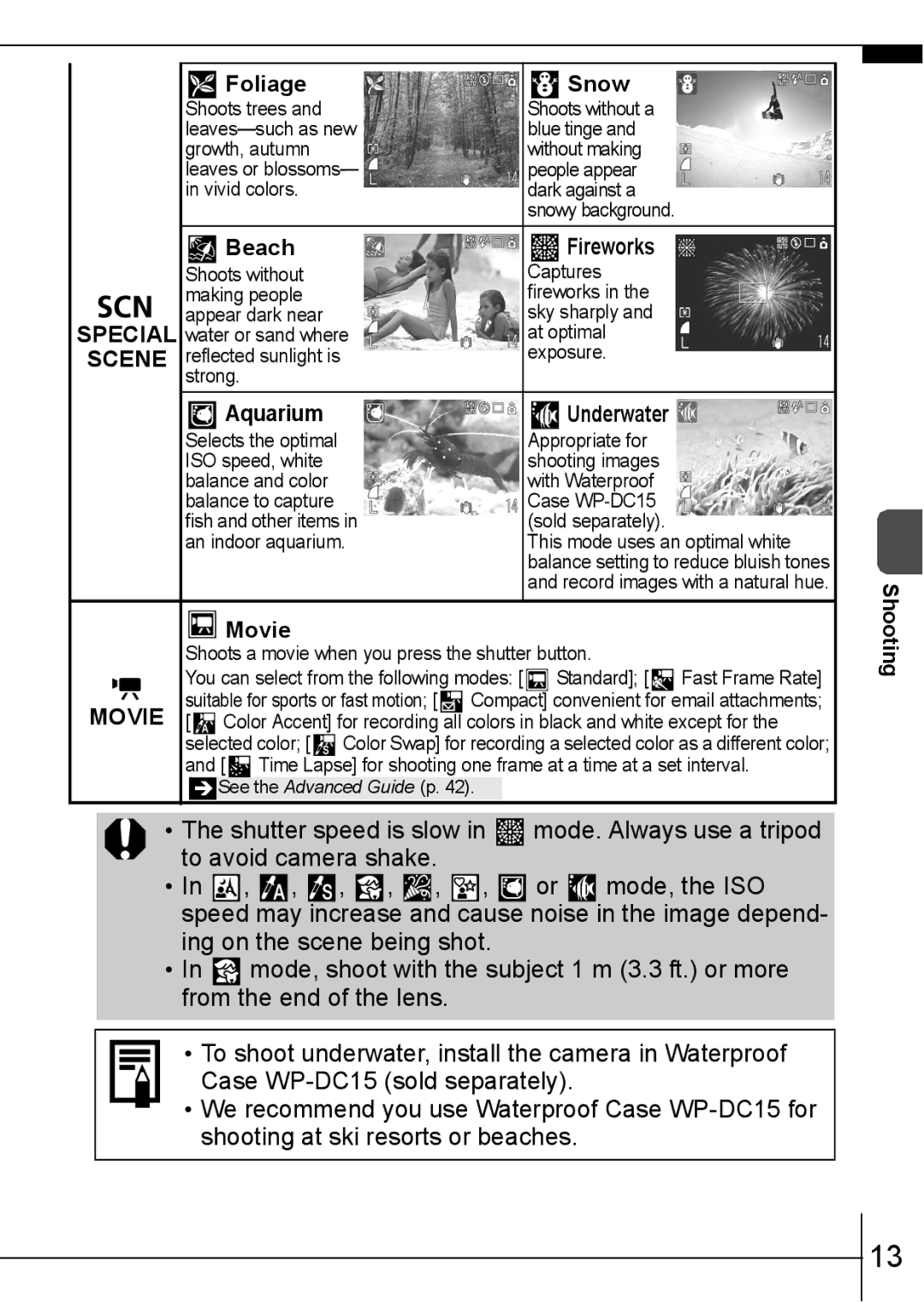 Canon 950IS manual Foliage Snow, Beach, Aquarium Underwater, Movie 