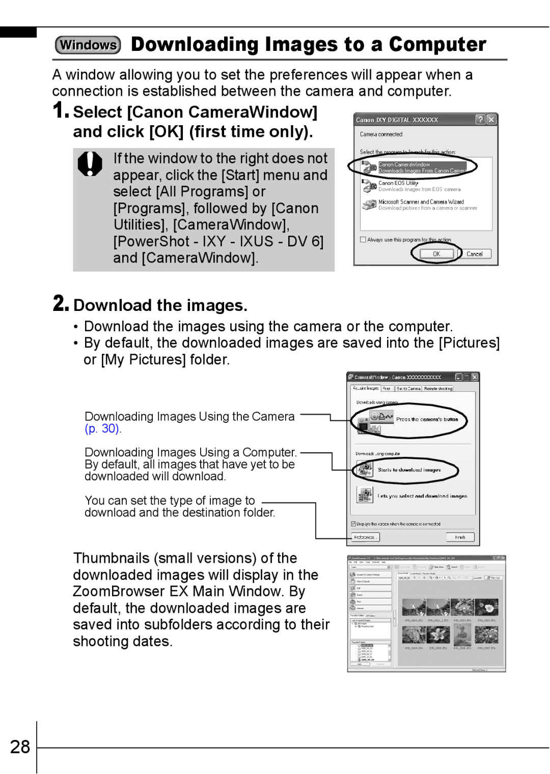 Canon 950IS Downloading Images to a Computer, Download the images, Select Canon CameraWindow and click OK first time only 