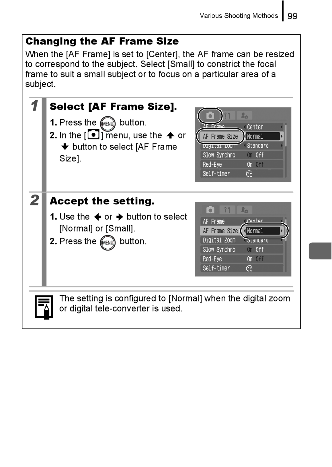 Canon 960 IS appendix Changing the AF Frame Size, Select AF Frame Size 