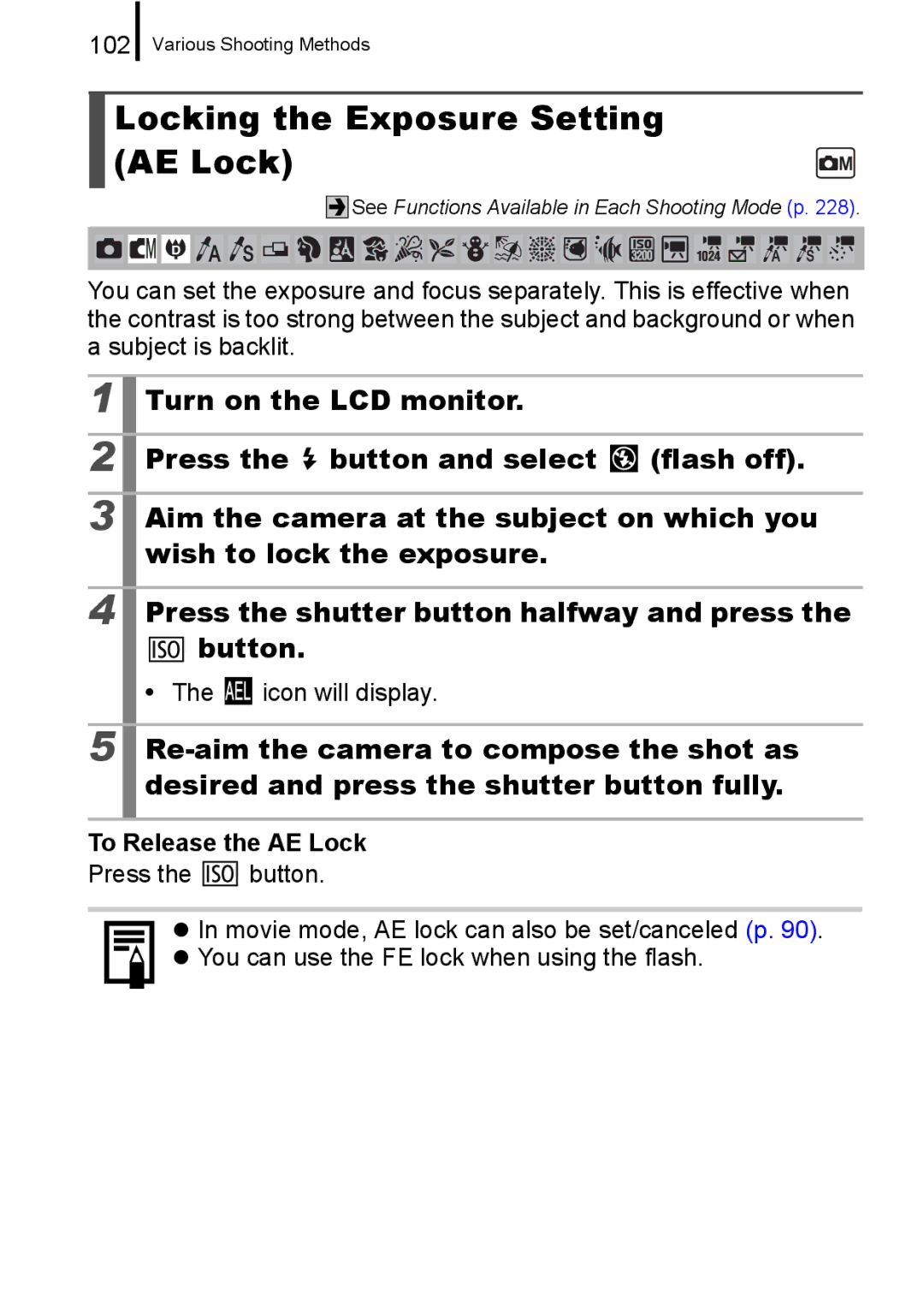 Canon 960 IS appendix Locking the Exposure Setting AE Lock, 102, To Release the AE Lock 