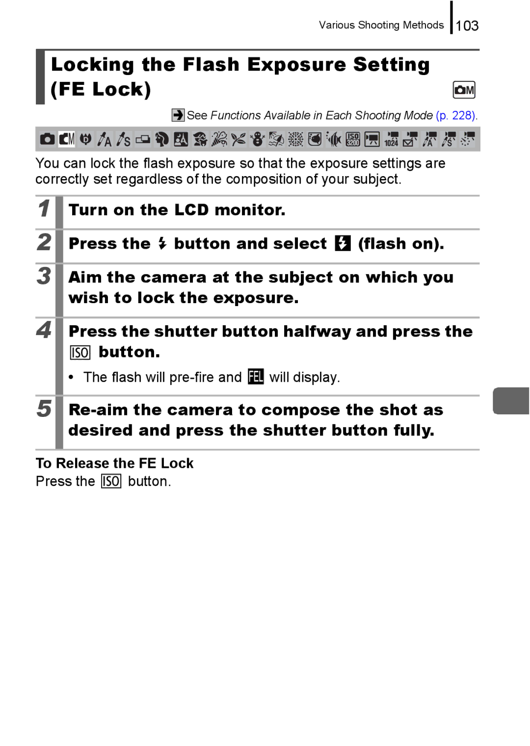 Canon 960 IS Locking the Flash Exposure Setting FE Lock, 103, Flash will pre-fire and will display, To Release the FE Lock 