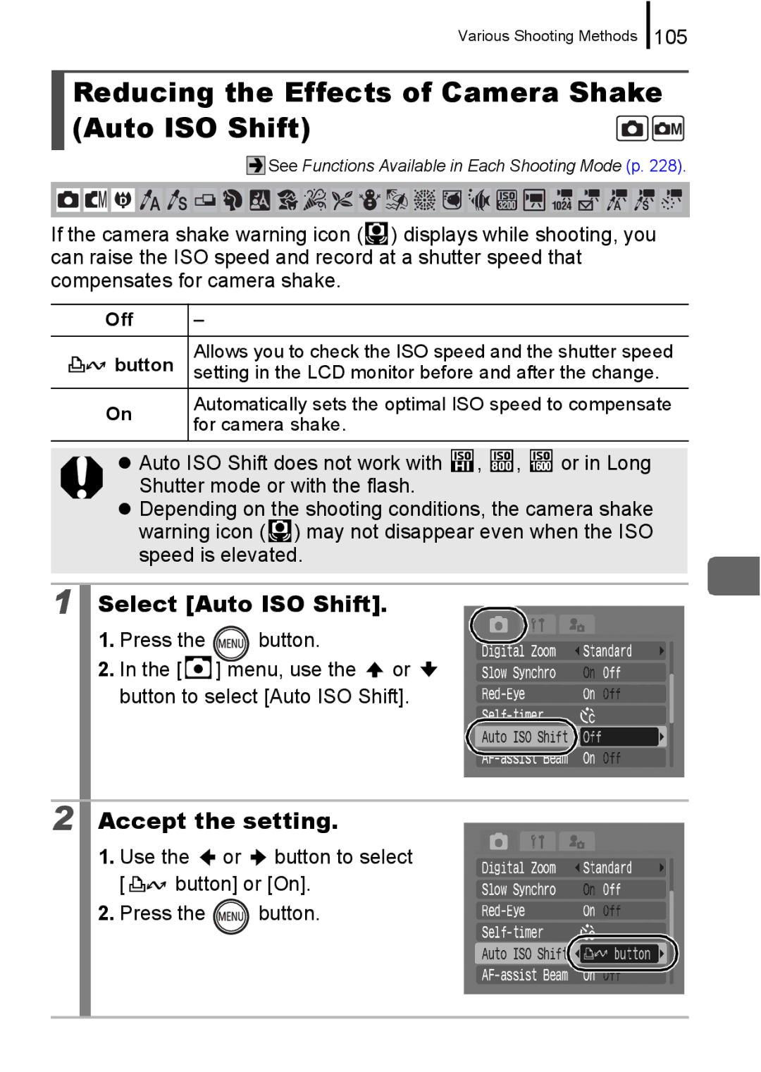 Canon 960 IS appendix Reducing the Effects of Camera Shake Auto ISO Shift, Select Auto ISO Shift, 105 