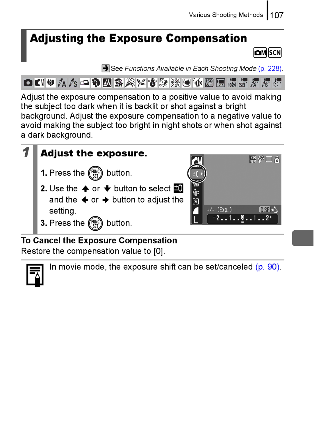 Canon 960 IS appendix Adjusting the Exposure Compensation, Adjust the exposure, 107, To Cancel the Exposure Compensation 