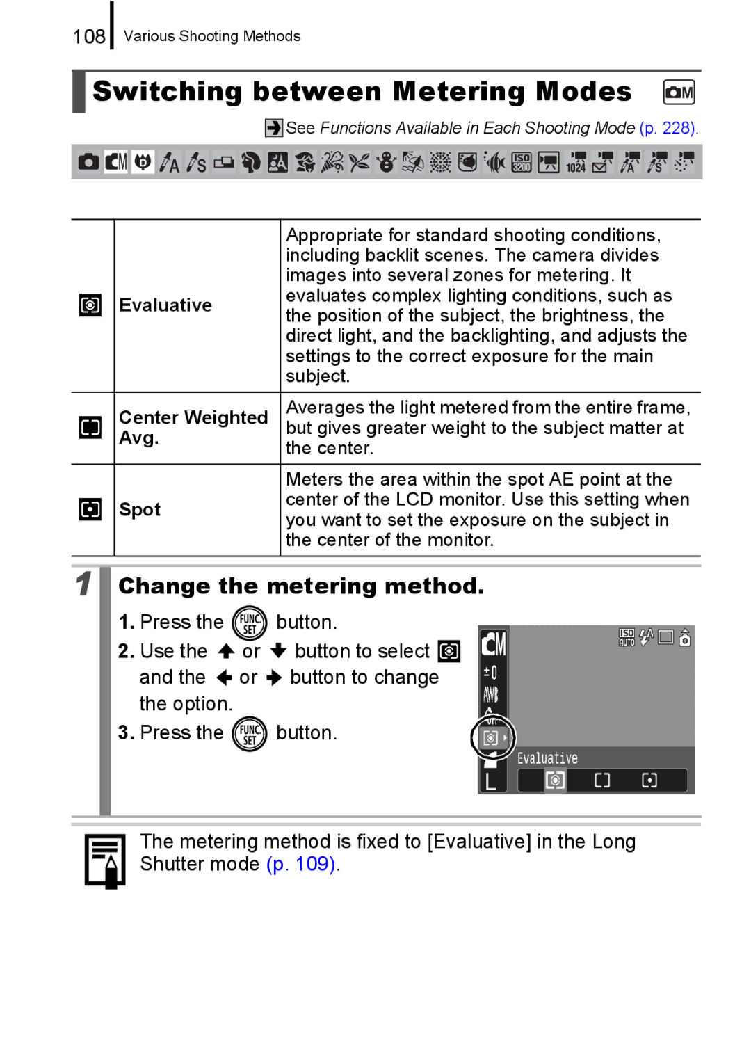 Canon 960 IS appendix Switching between Metering Modes, Change the metering method, 108 