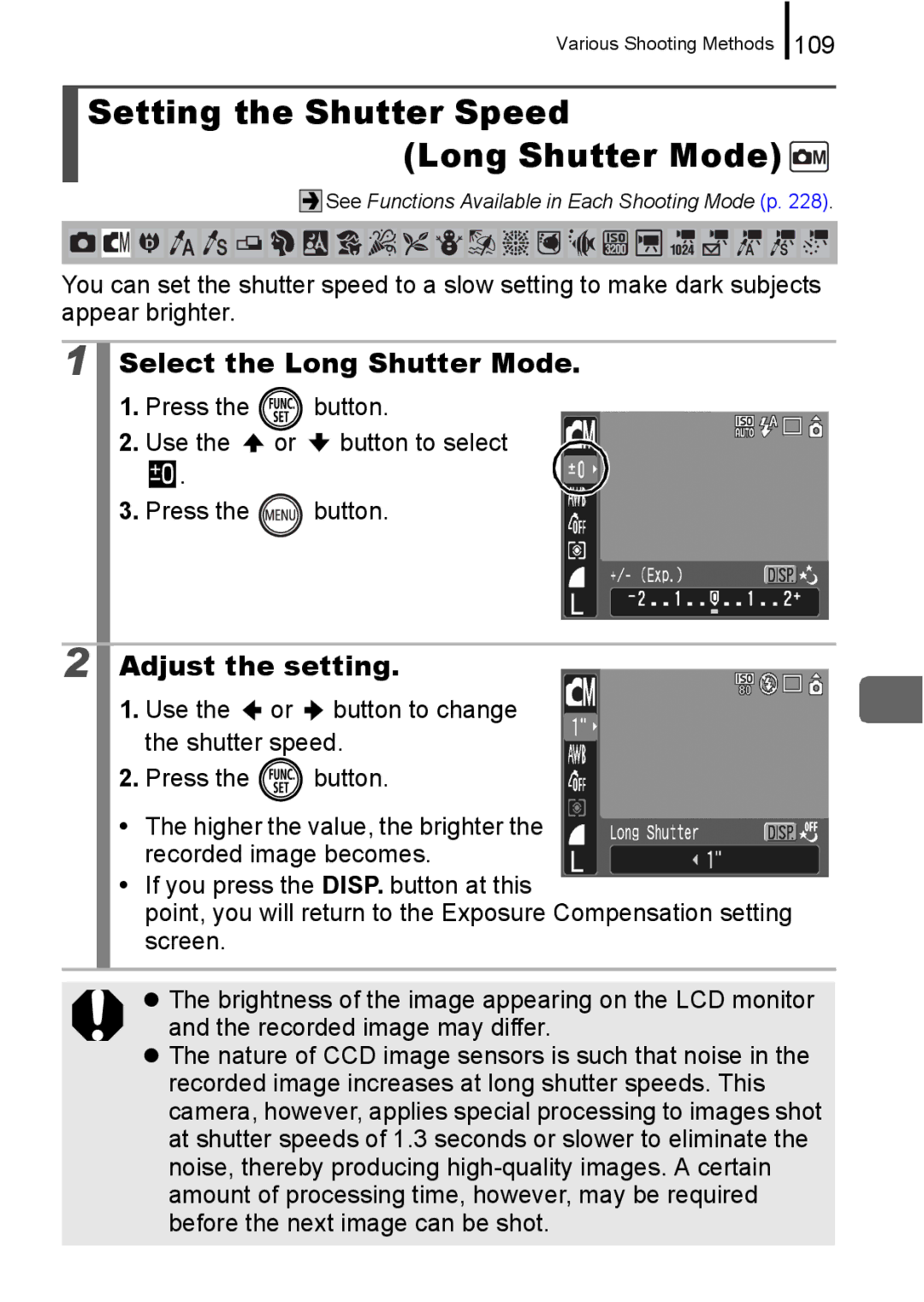 Canon 960 IS appendix Setting the Shutter Speed Long Shutter Mode, Select the Long Shutter Mode, Adjust the setting, 109 