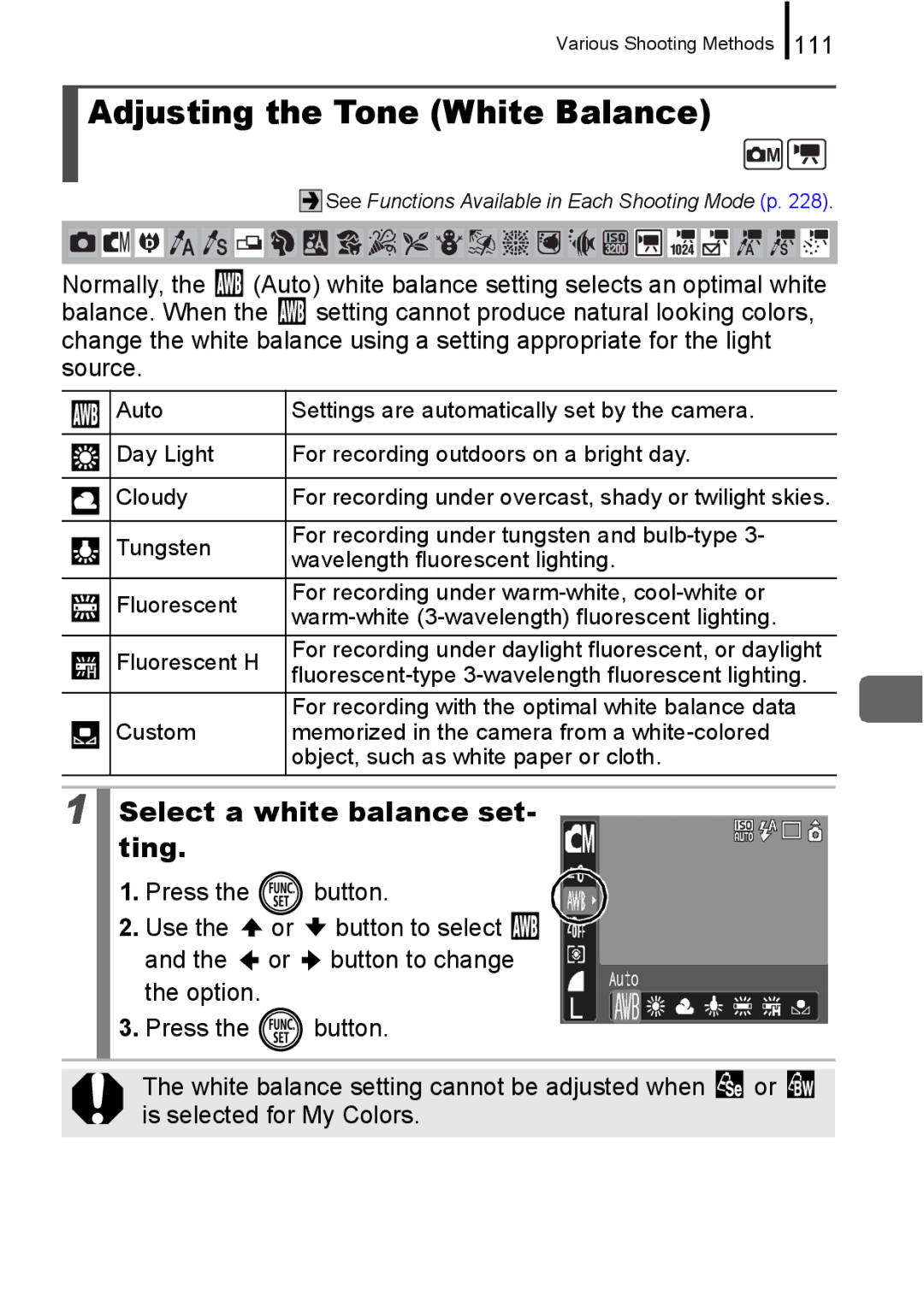 Canon 960 IS appendix Adjusting the Tone White Balance, Select a white balance set- ting, 111 