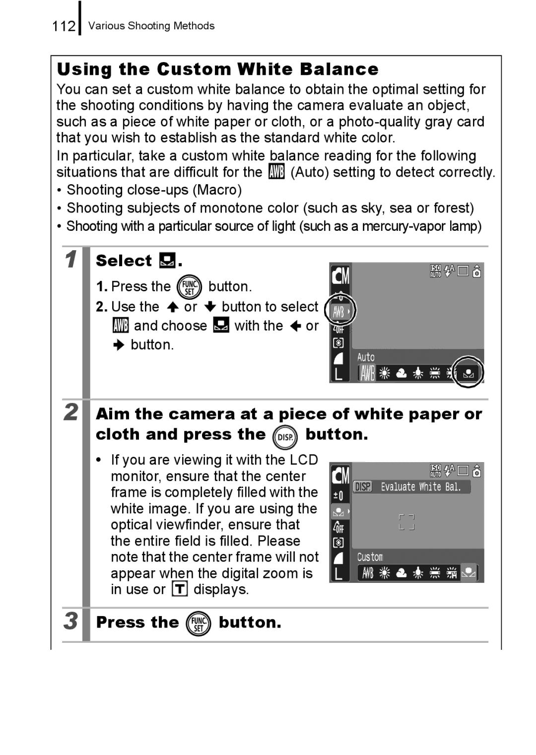 Canon 960 IS appendix Using the Custom White Balance, Aim the camera at a piece of white paper or, Cloth and press Button 