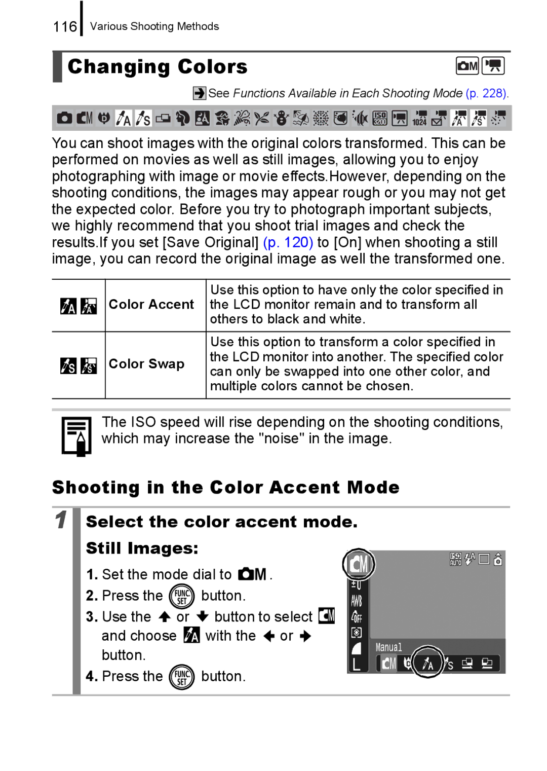 Canon 960 IS appendix Changing Colors, Shooting in the Color Accent Mode, Select the color accent mode. Still Images, 116 