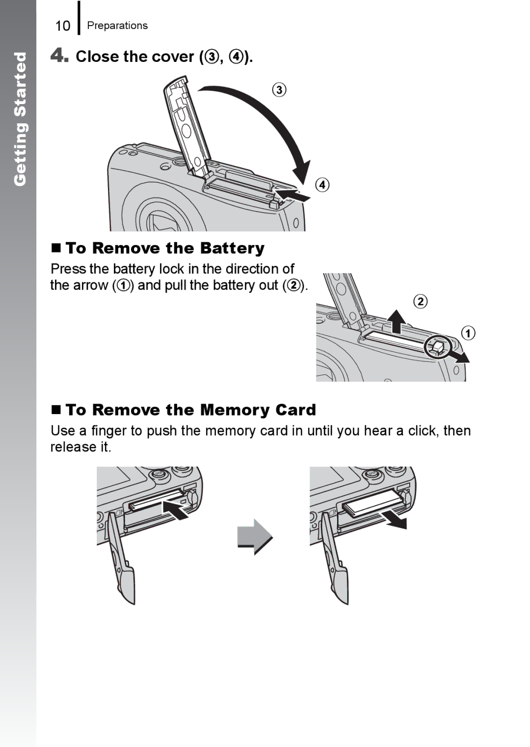 Canon 960 IS appendix Close the cover c, d „ To Remove the Battery, „ To Remove the Memory Card 