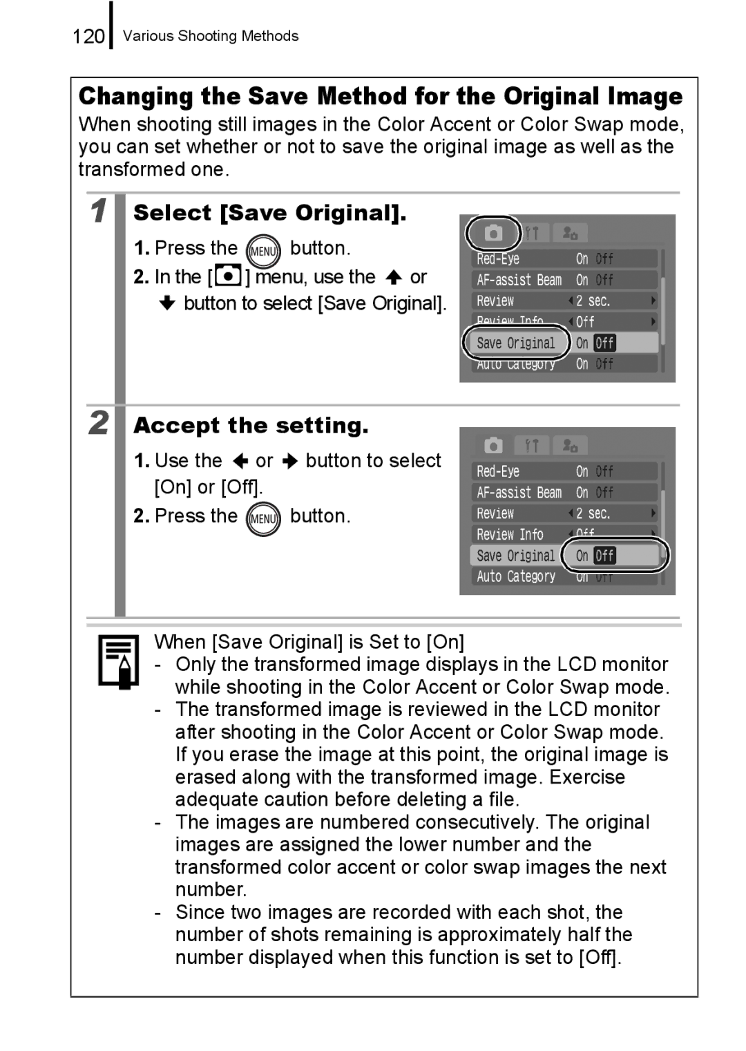 Canon 960 IS appendix Changing the Save Method for the Original Image, Select Save Original, 120 