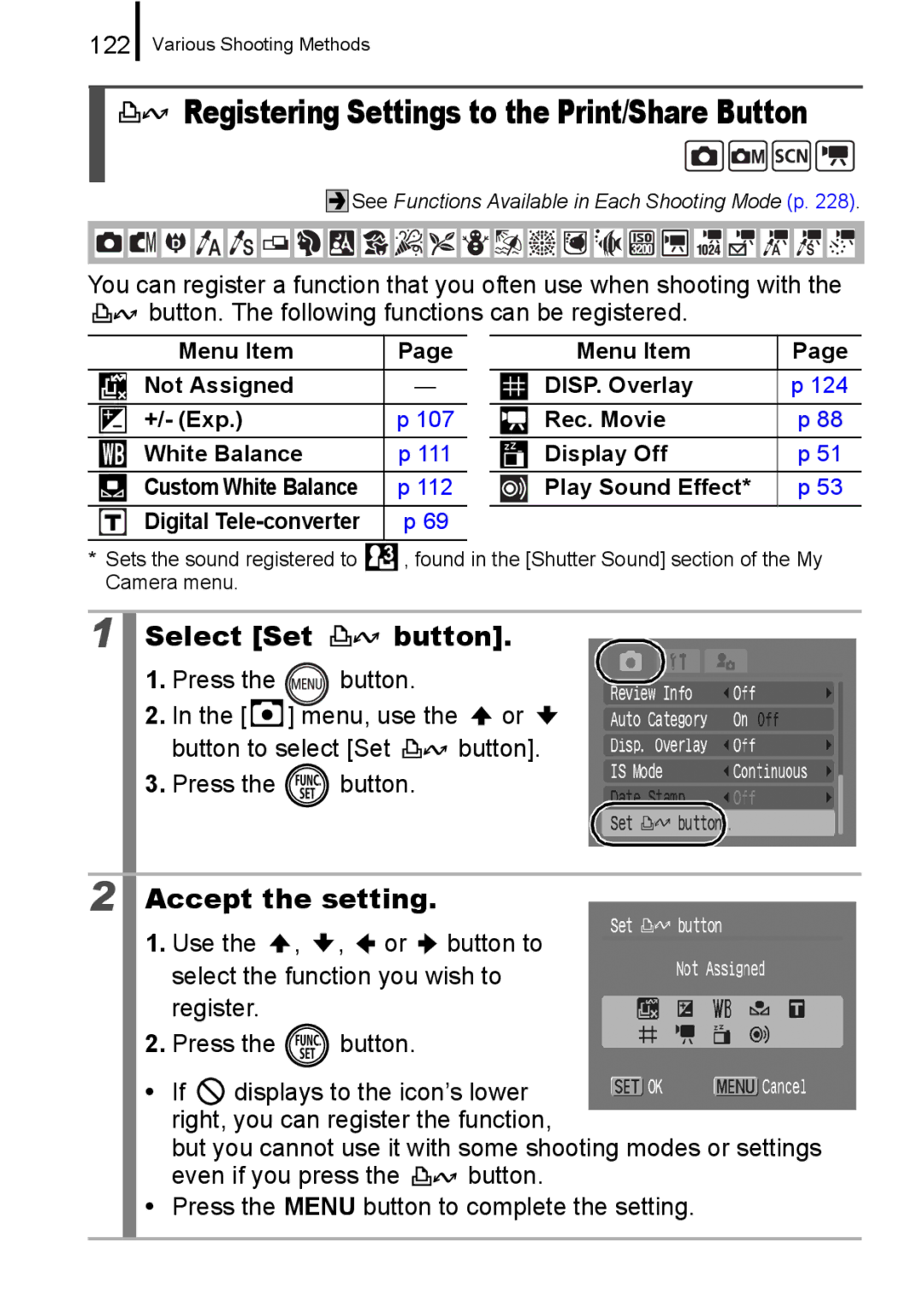 Canon 960 IS appendix Registering Settings to the Print/Share Button, Select Set button, 122 