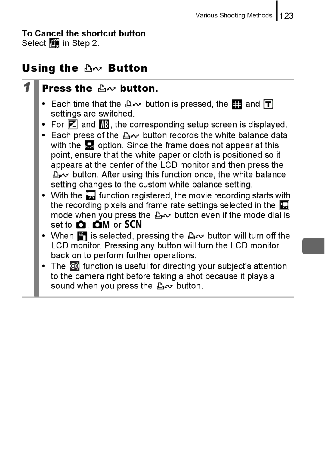 Canon 960 IS appendix Using the Button, To Cancel the shortcut button, Select in, Sound when you press the button 