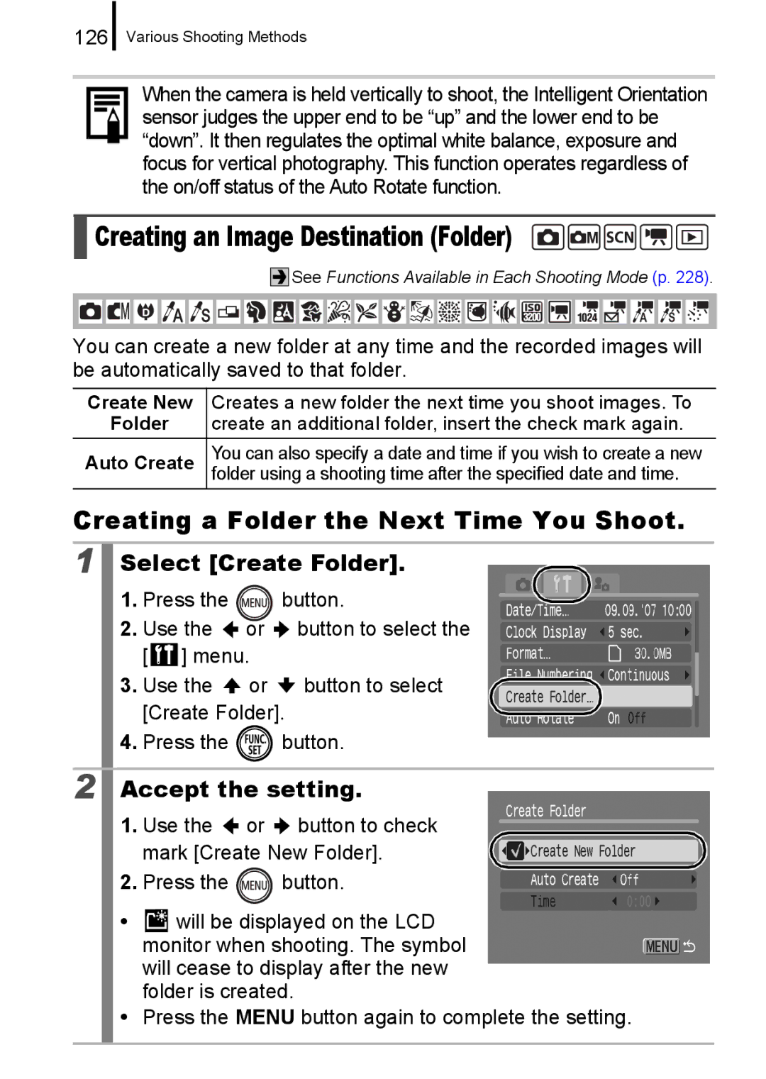 Canon 960 IS Creating an Image Destination Folder, Creating a Folder the Next Time You Shoot, Select Create Folder, 126 