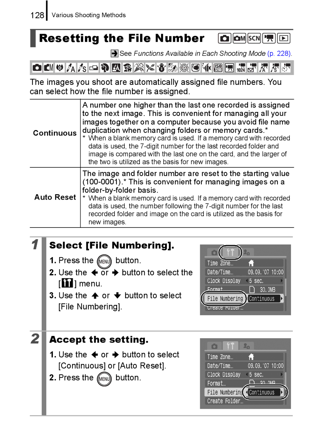 Canon 960 IS appendix Resetting the File Number, Select File Numbering, 128, Continuous 