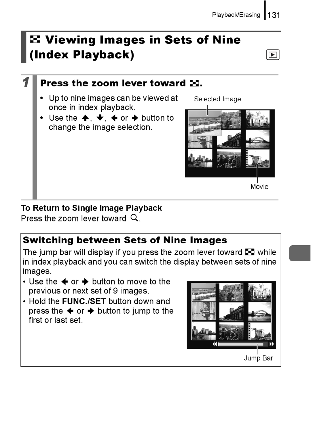 Canon 960 IS appendix Viewing Images in Sets of Nine Index Playback, Switching between Sets of Nine Images 