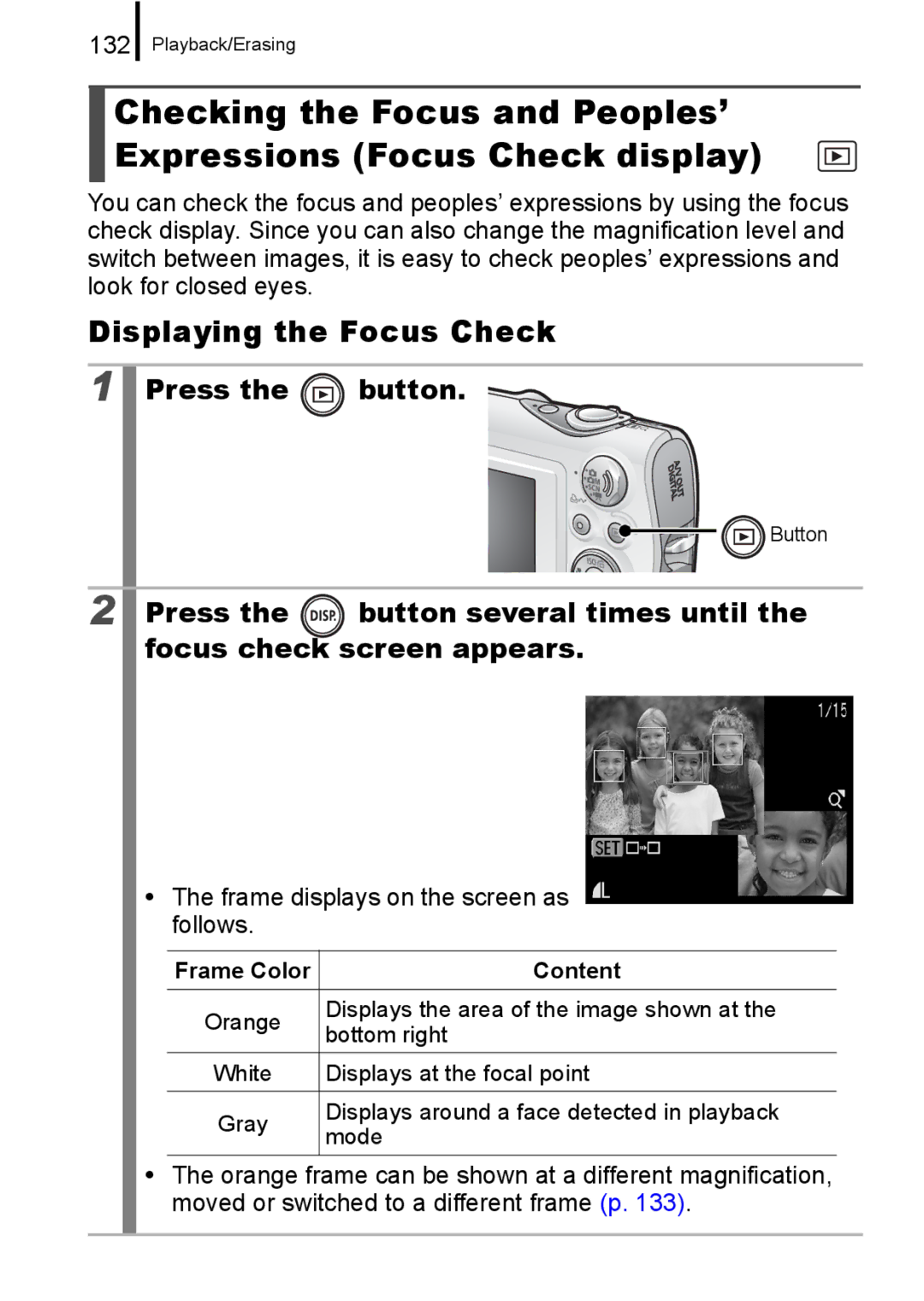 Canon 960 IS appendix Displaying the Focus Check, Press Button several times until Focus check screen appears, 132 