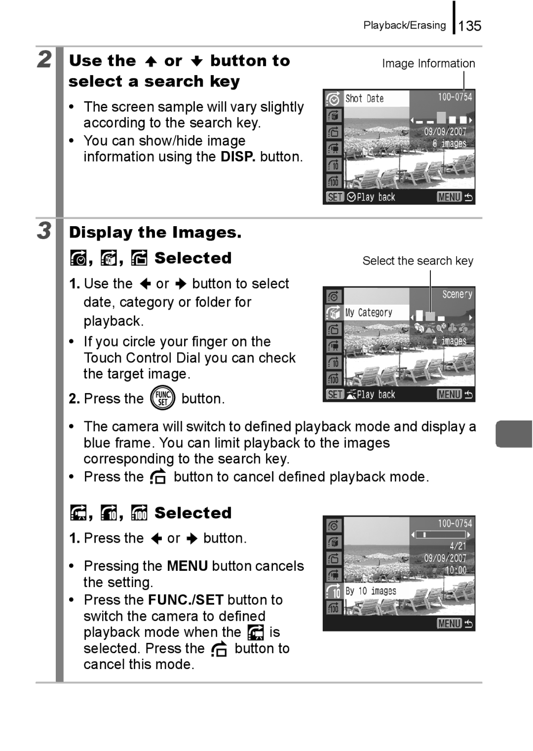 Canon 960 IS appendix Use the or button to, Select a search key, Display the Images Selected, 135 