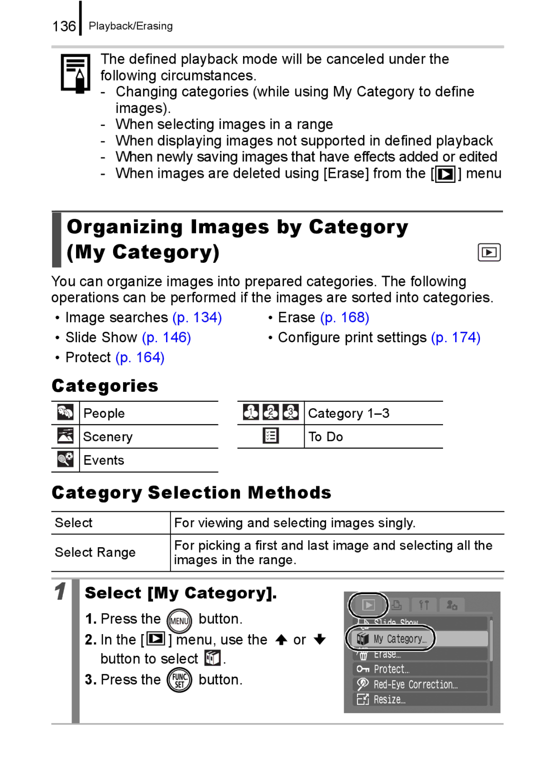 Canon 960 IS appendix Organizing Images by Category My Category, Categories, Category Selection Methods, Select My Category 