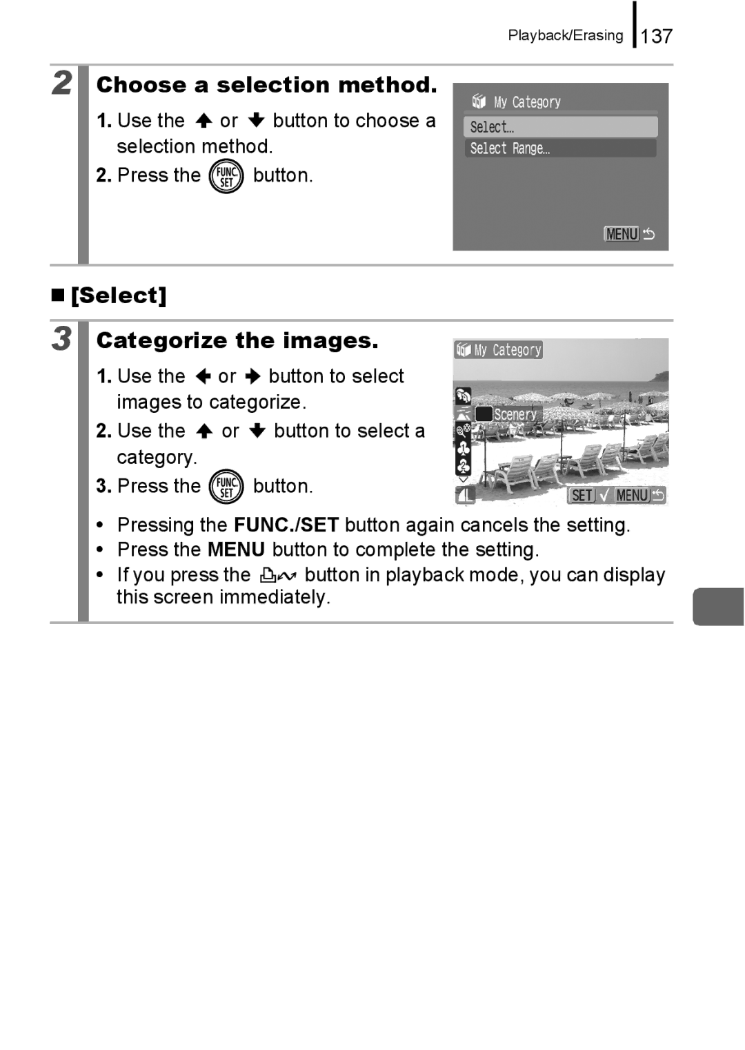 Canon 960 IS appendix Choose a selection method, „ Select Categorize the images, 137 