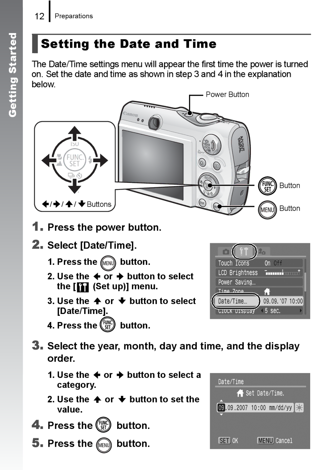 Canon 960 IS appendix Setting the Date and Time, Press the power button Select Date/Time, Press the button 