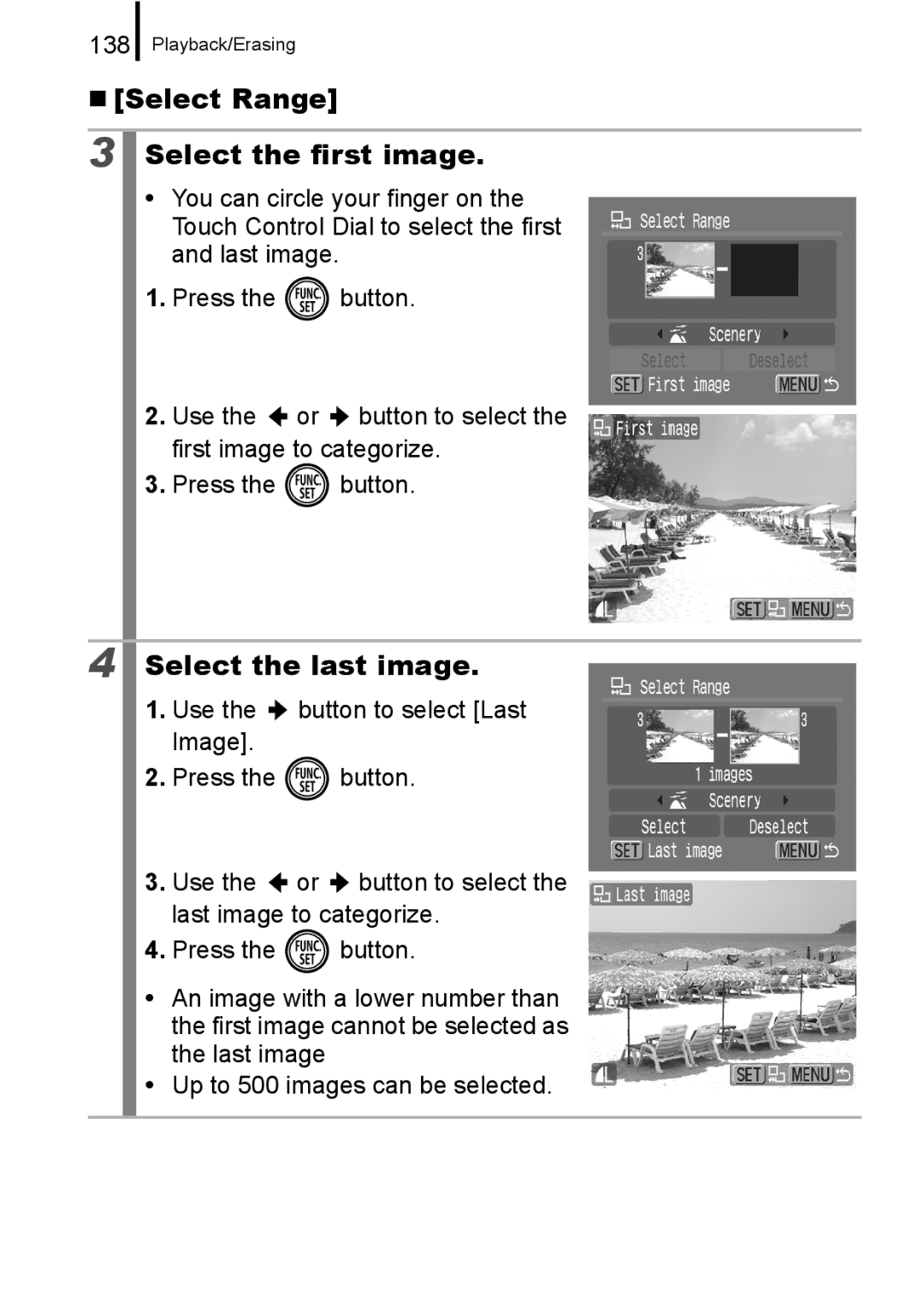 Canon 960 IS appendix „ Select Range Select the first image, Select the last image, 138 