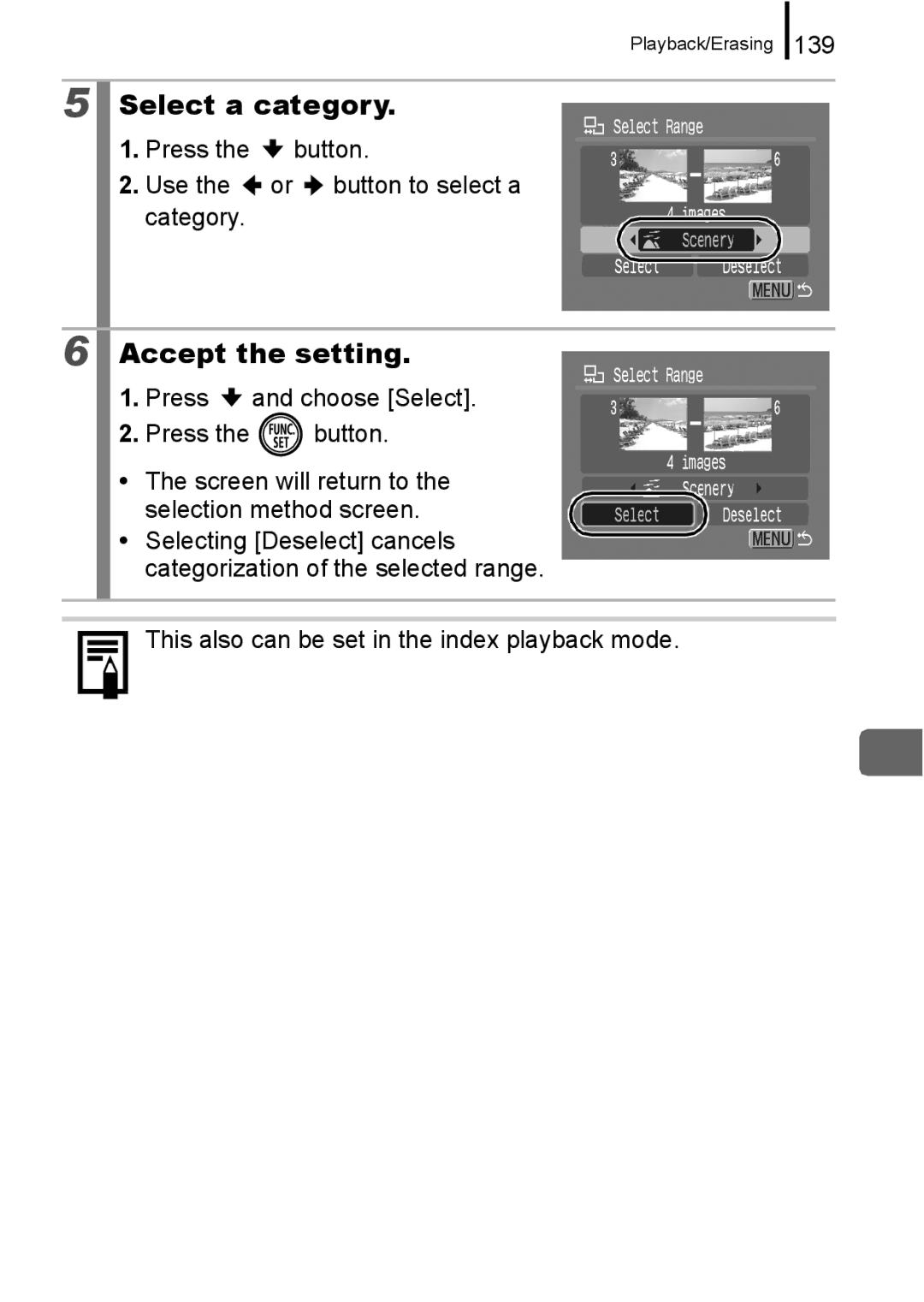 Canon 960 IS appendix Select a category, 139, Press the button Use the or button to select a Category 