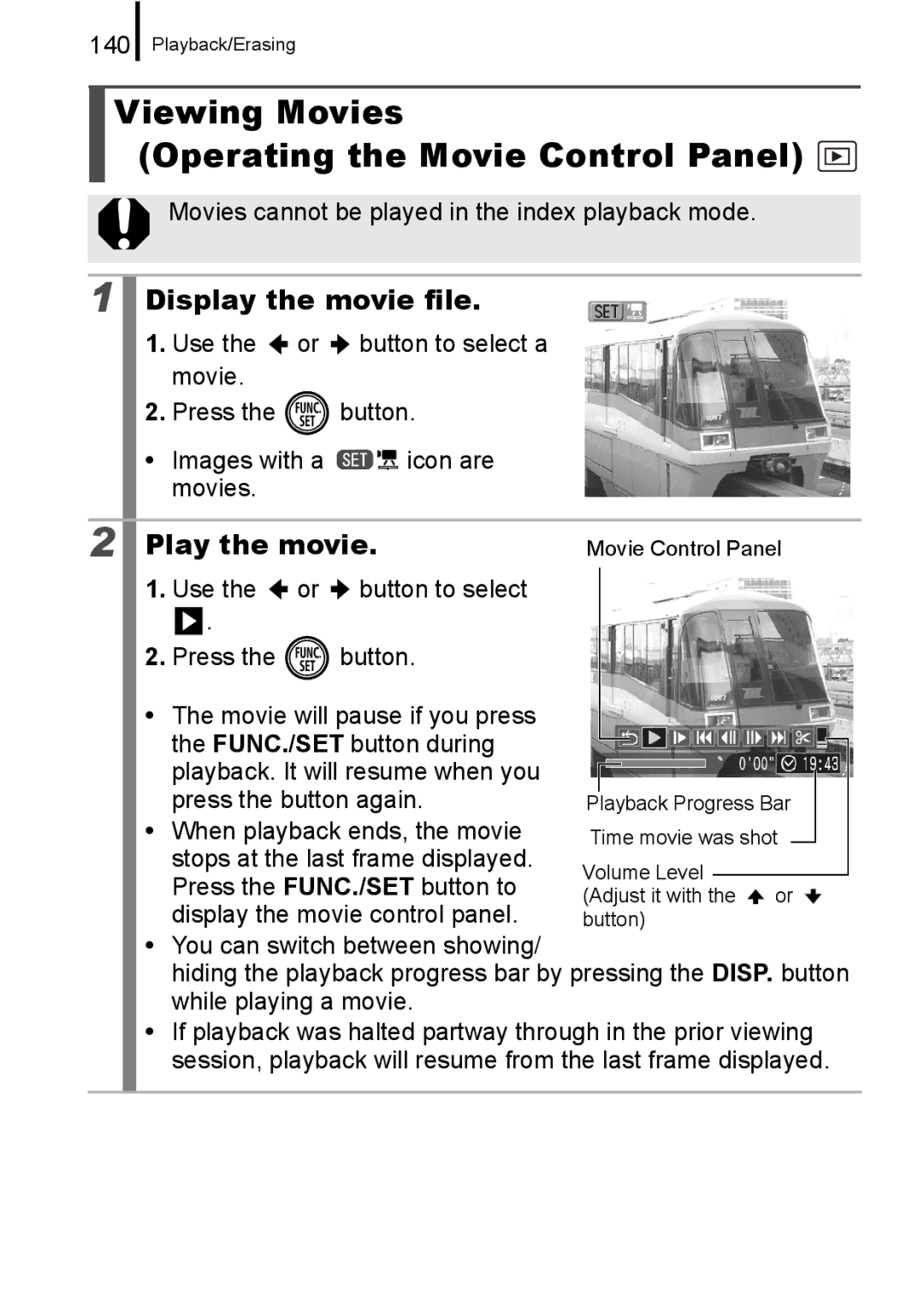 Canon 960 IS appendix Viewing Movies Operating the Movie Control Panel, Display the movie file, Play the movie 