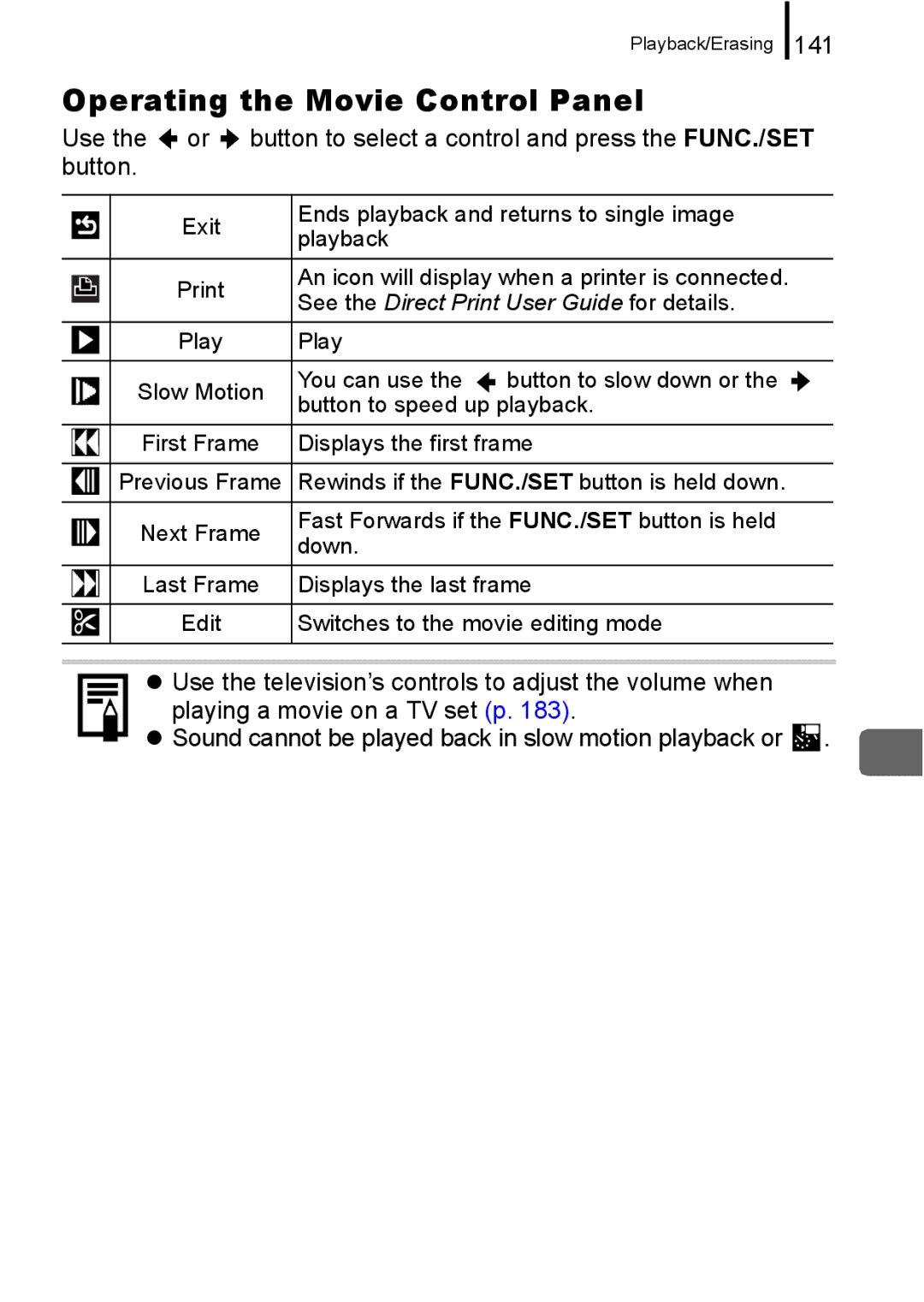 Canon 960 IS appendix Operating the Movie Control Panel, 141 