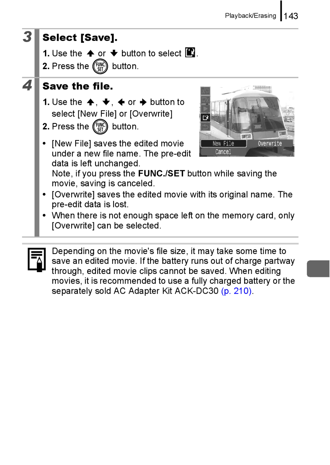 Canon 960 IS appendix Select Save, Save the file, 143 