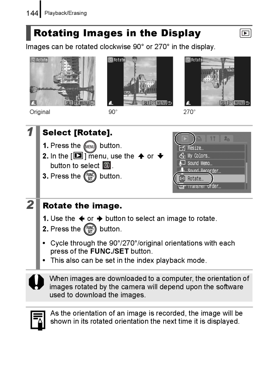 Canon 960 IS appendix Rotating Images in the Display, Select Rotate, Rotate the image, 144 