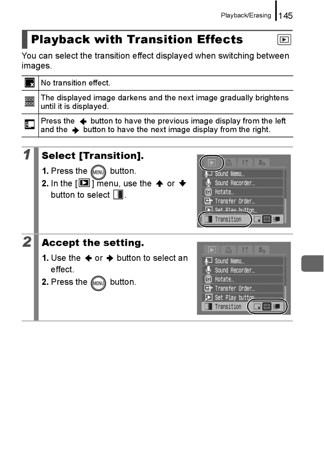 Canon 960 IS appendix Playback with Transition Effects, Select Transition, 145 