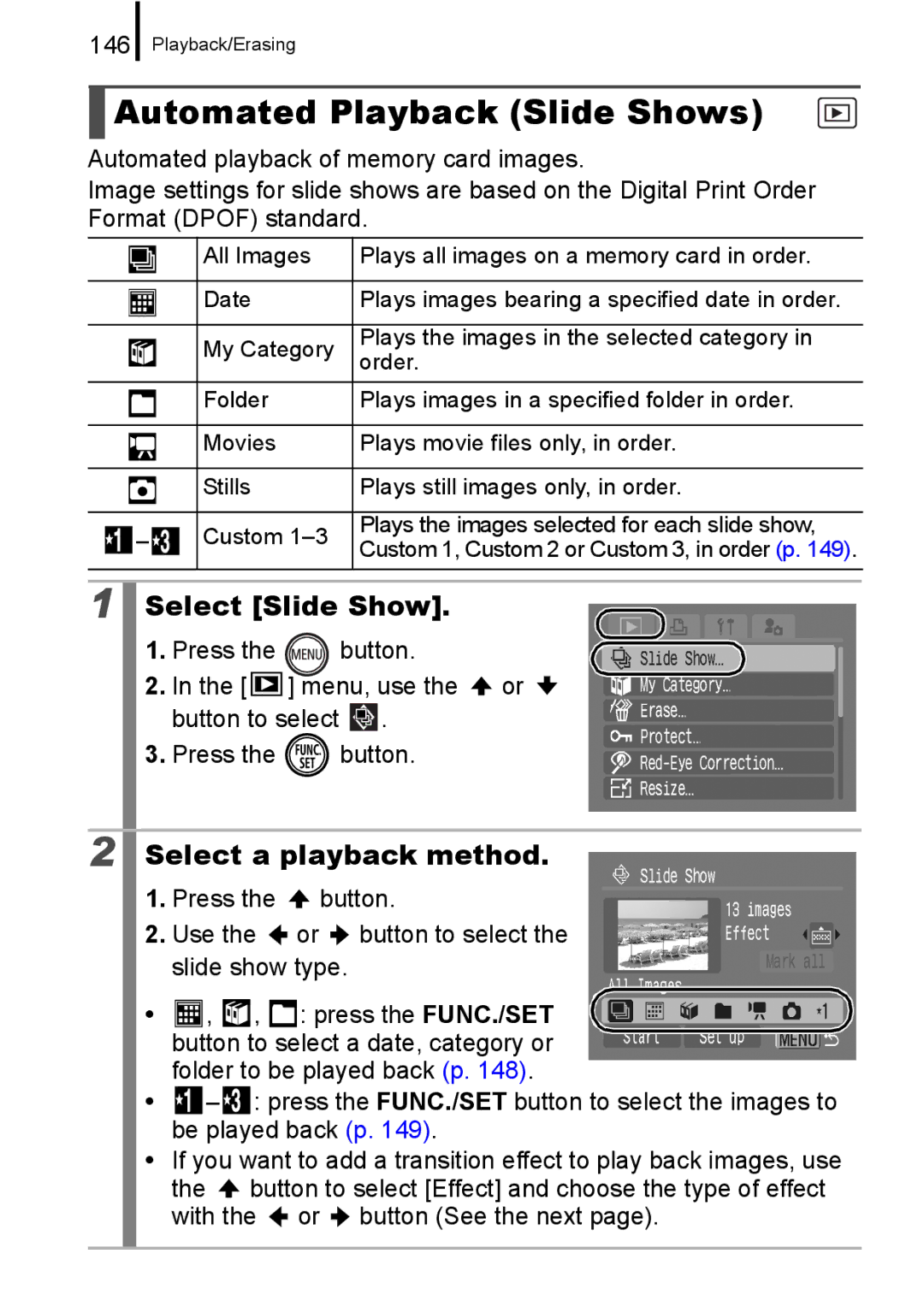 Canon 960 IS appendix Automated Playback Slide Shows, Select Slide Show, Select a playback method, 146 